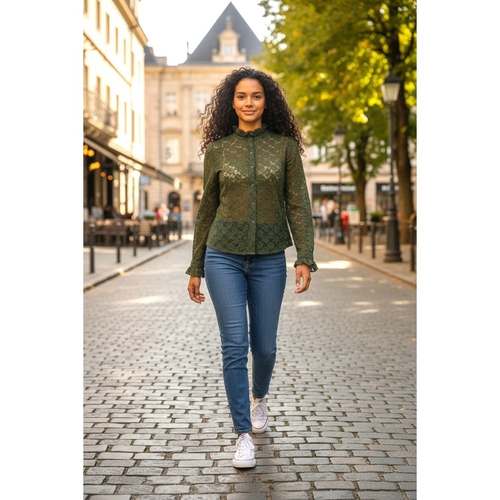(B-62) Studio Park Olive Green Lace Button Front Blouse Top Women's Medium QVC